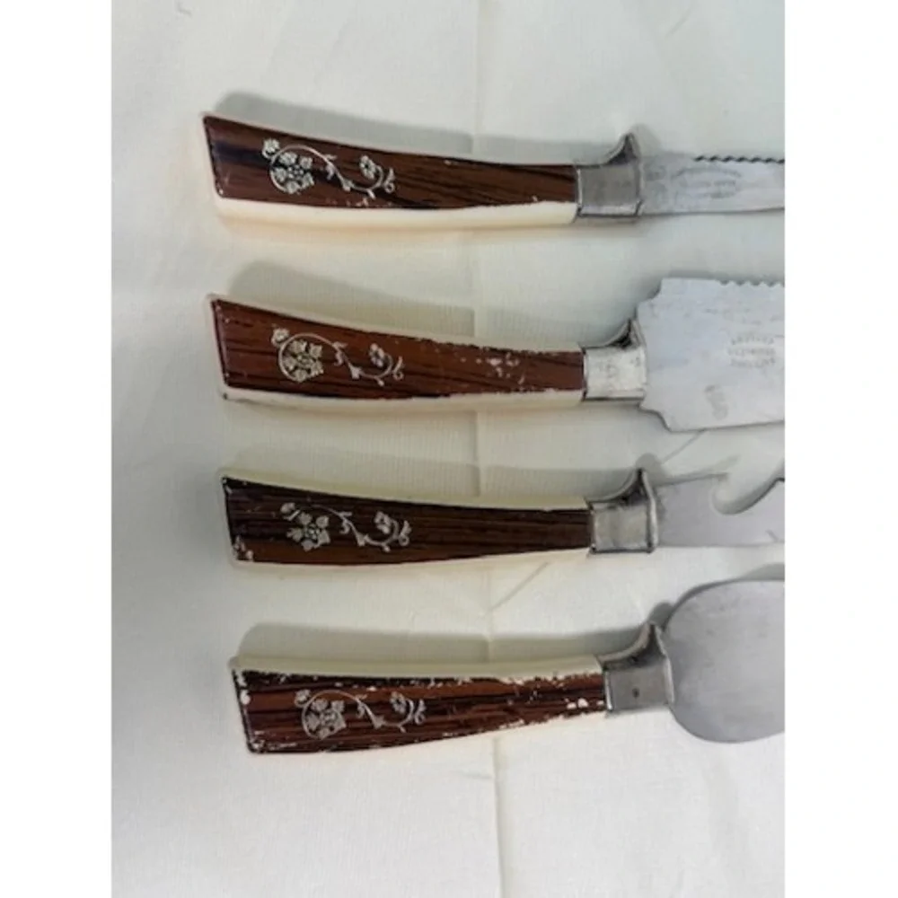 Lifetime Cutlery Sheffield England Serving Set 4pc Faux Wood Floral Inlay Fair
